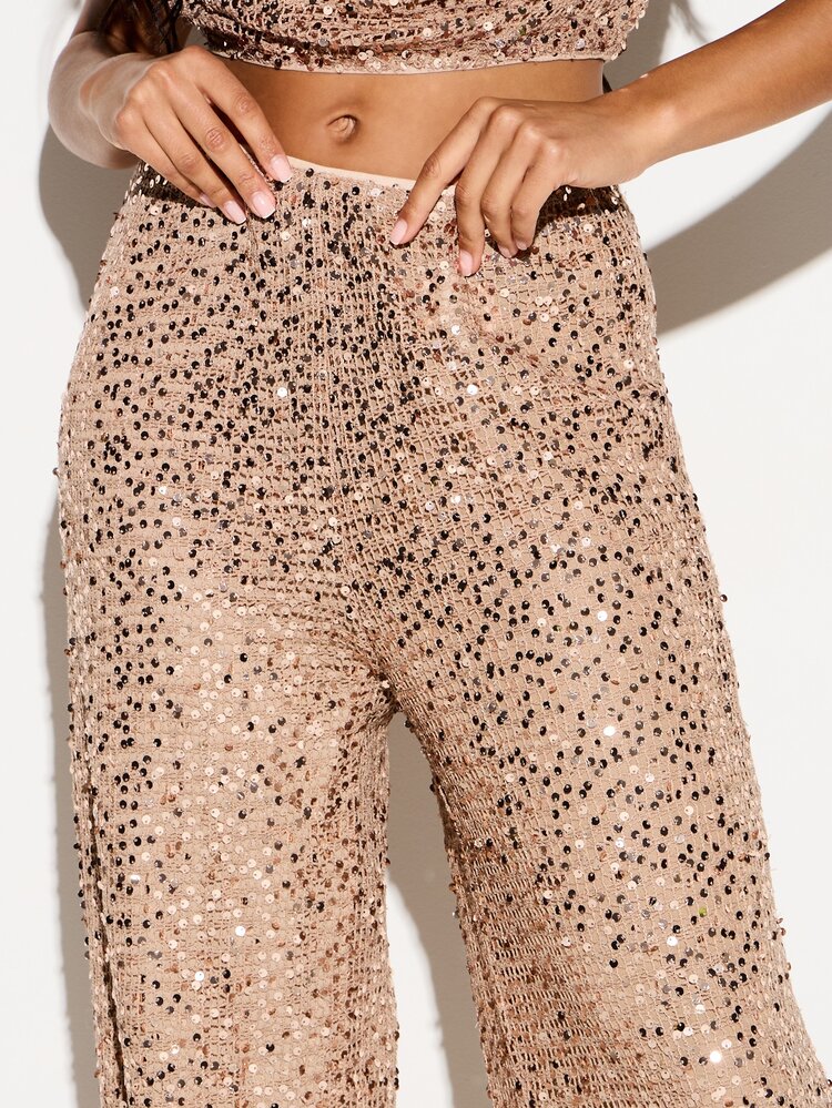KIZN Sparkling Sequin Wide Leg High Waisted Palazzo Pants For Evening Party Occasions And Holiday Celebrations