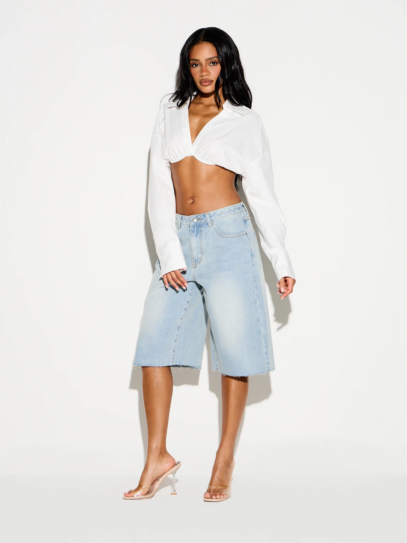 KIZN 하이웨이스트 와이드 레그 버뮤다 쇼츠