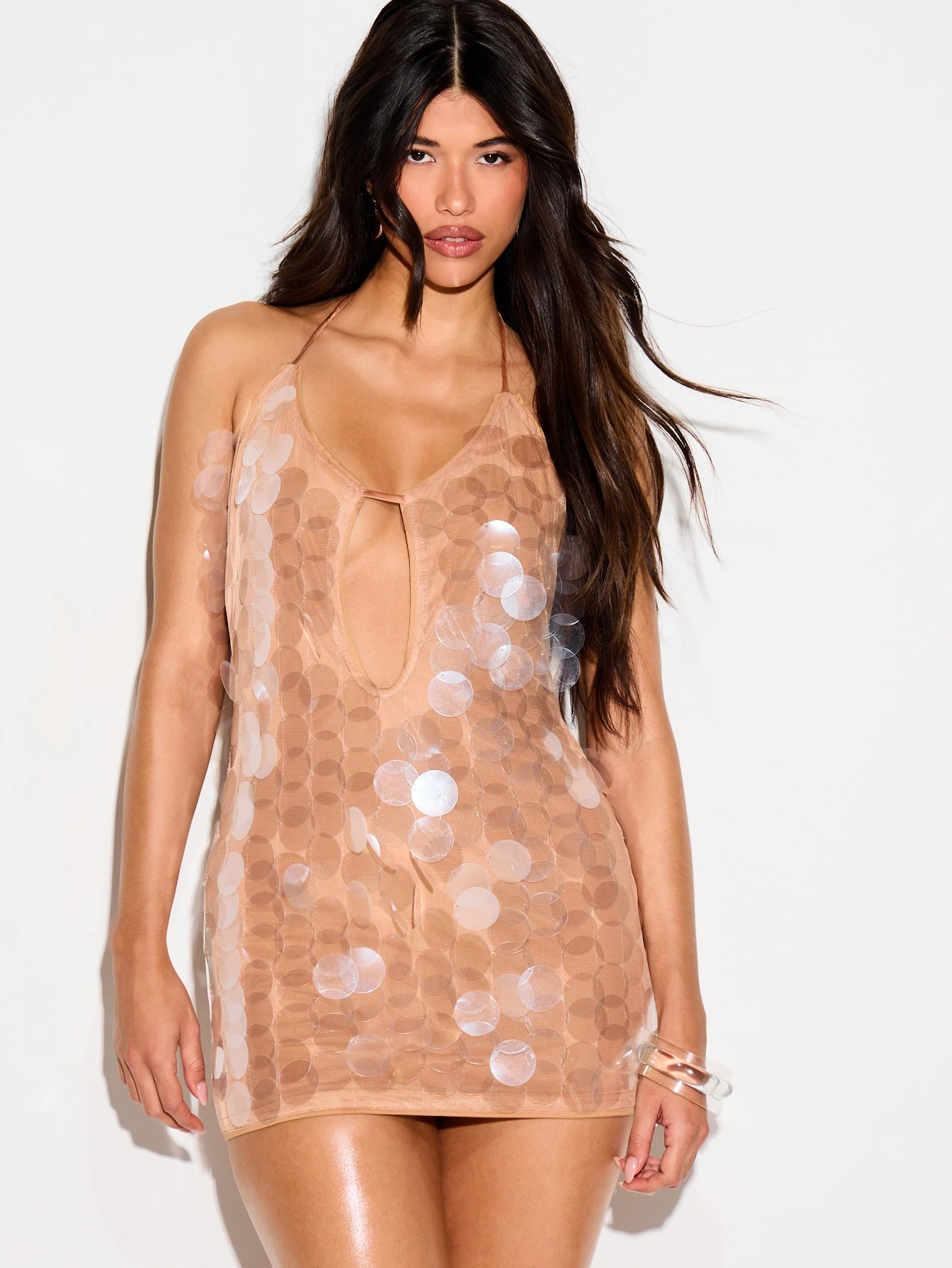 KIZN スパンコールホルターネックボディコンミニドレス