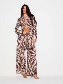 KIZN Wide Leg High Rise Zebra Print Drawstring Pants For Women Fall Casual Loungewear - Brown - View 5