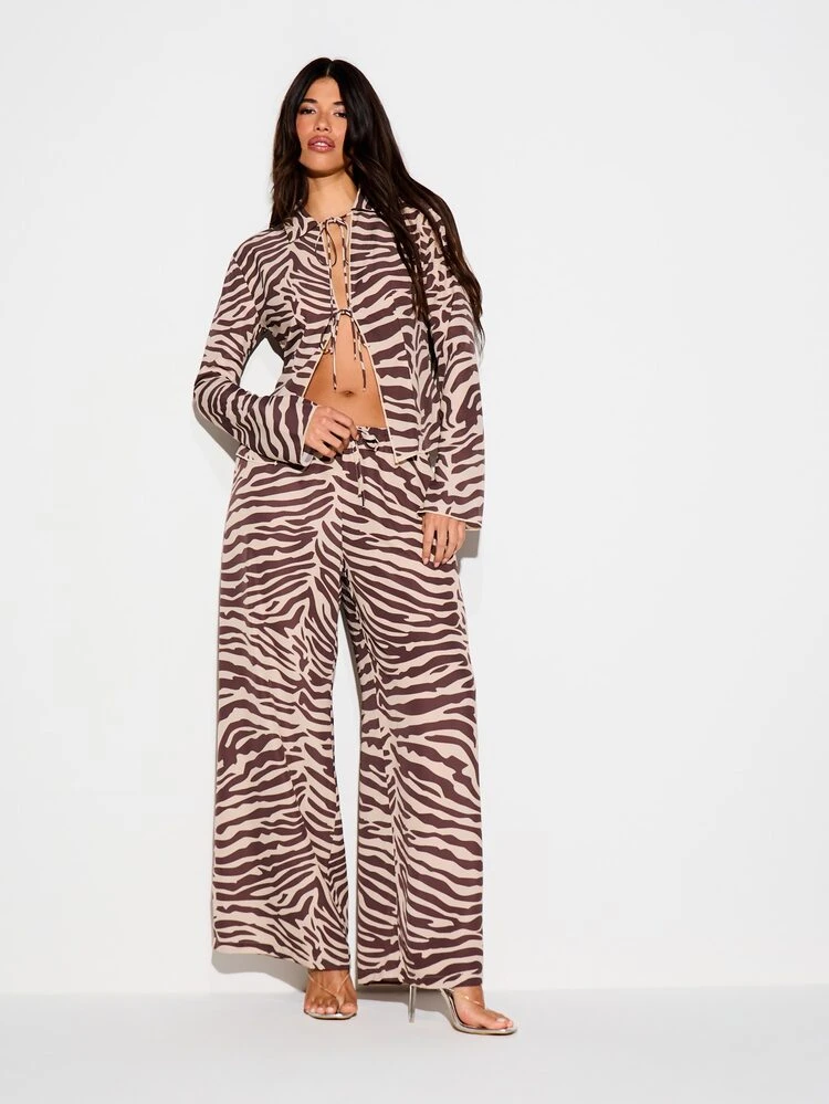 KIZN Wide Leg High Rise Zebra Print Drawstring Pants For Women Fall Casual Loungewear