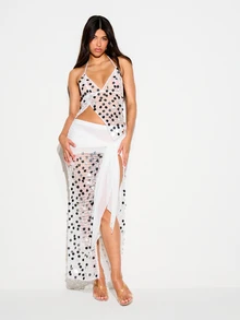 KIZN Falda larga de mujer con lentejuelas y lunares, con abertura lateral y detalle envolvente para ocasiones de fiesta por la noche - Blanco - Ver 4