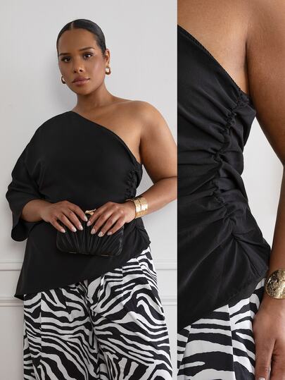  ELLERISSA Blusa elegante de satén asimétrica con un hombro, manga asimétrica y plisada para mujeres de talla grande, ideal para fiestas, citas, trabajo y vacaciones