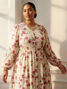 ELLERISSA 大码优雅花卉曲线连衣裙，玫瑰印花圆领长灯笼袖纽扣前襟收腰中长/迷你连衣裙，度假装扮，春夏连衣裙，女士曲线连衣裙，优雅休闲连衣裙，大码花卉连衣裙，复古风连衣裙 - 杏色 - 查看 3