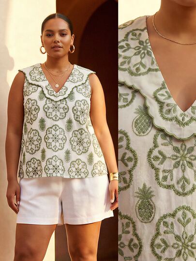  ELLERISSA Plus Size Elegant Curve Top, Cream Green Pineapple & Floral Embroidered Scalloped V Neck Sleeveless Linen Blend Casual Blouse, Vacation Outfit, Spring Summer Top, Workwear Blouse, Curve Tops For Women, Plus Size Embroidered Top, Boho Inspired Blouse