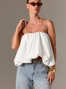AiiRZ Bohemian Ruched Camisole Top With Balloon Hem And Thin Straps For Women Summer Festival Casual Wear - White - View 5