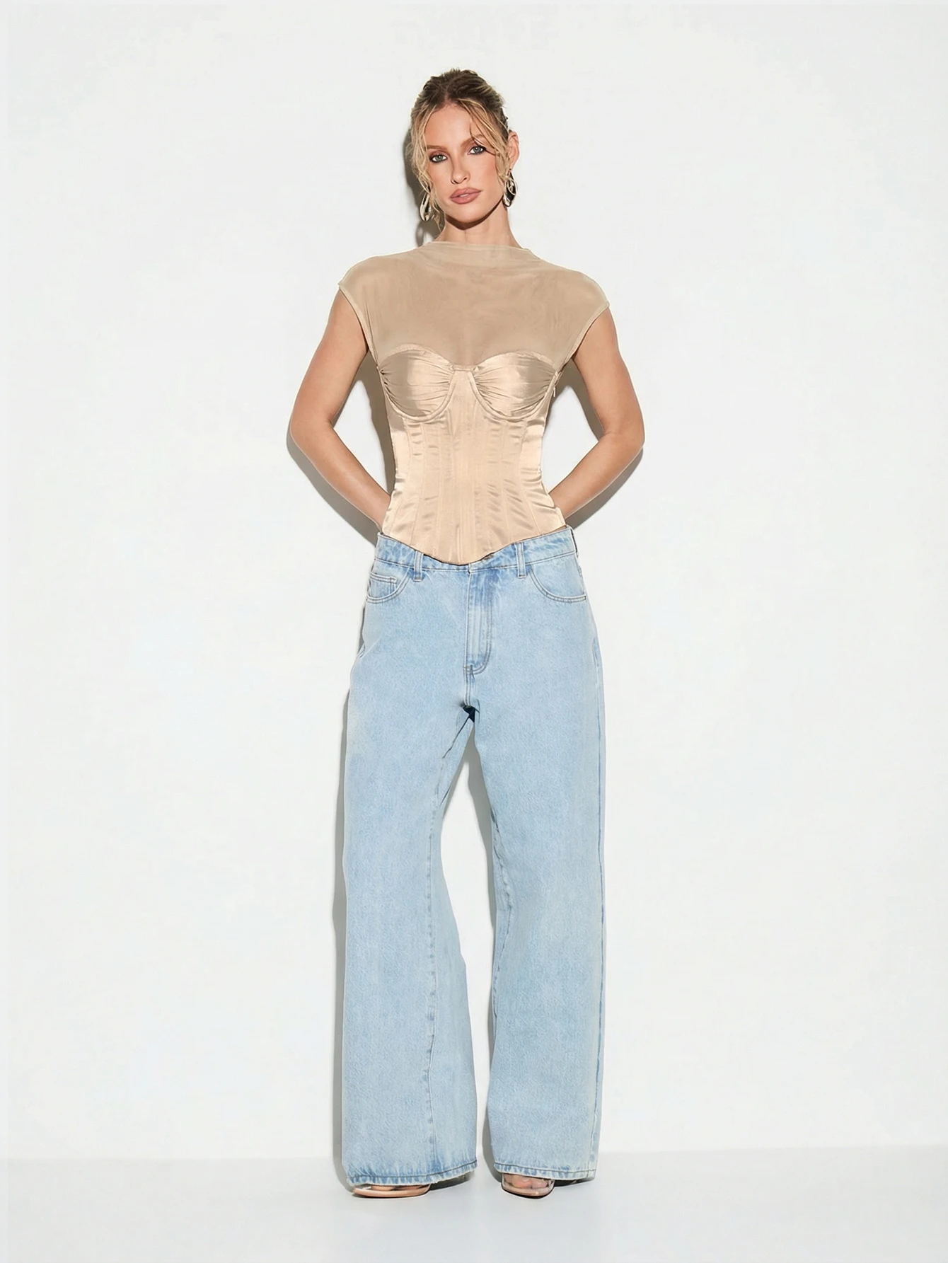 KIZN Bustier Corset Tank With Sheer Sleeves