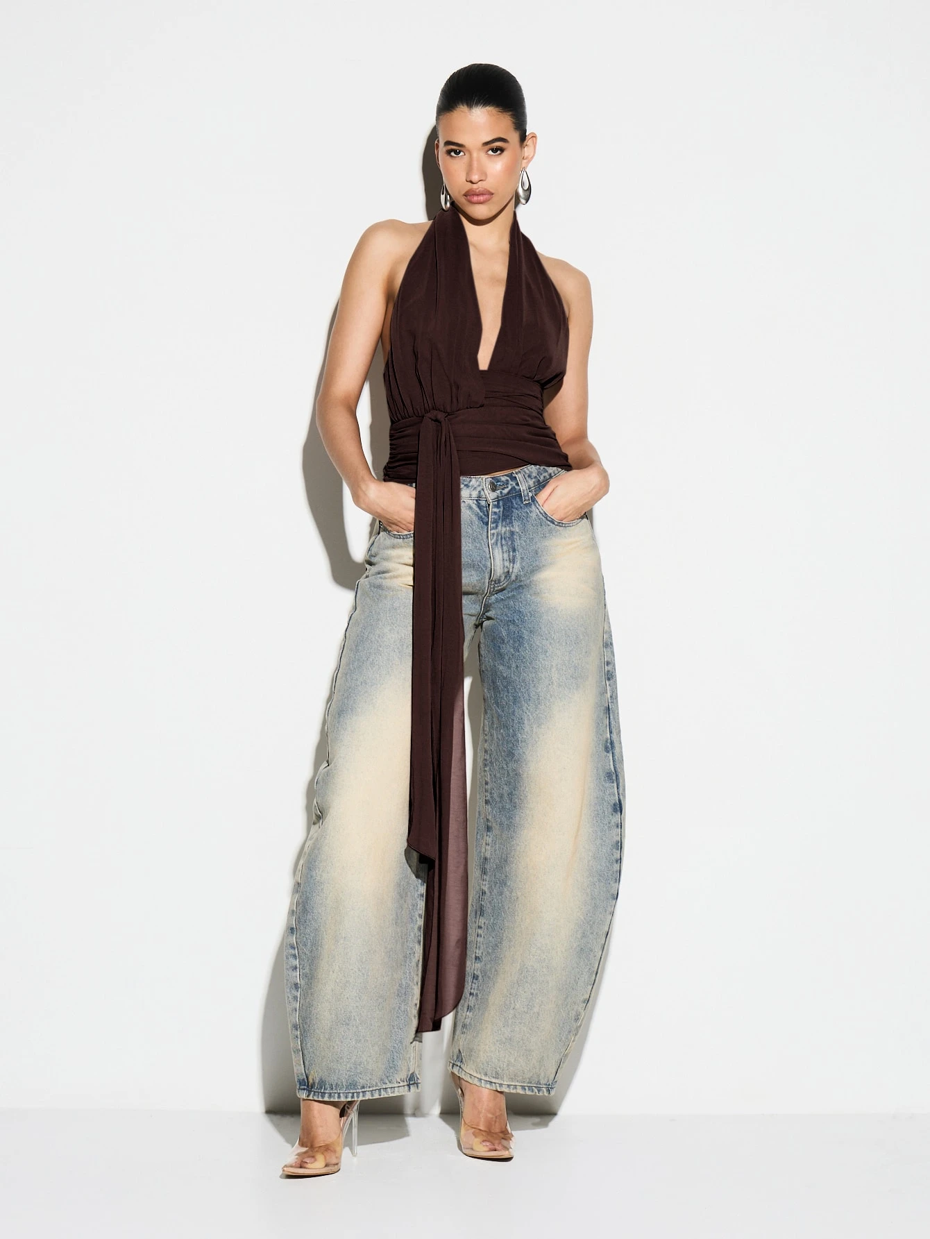 KIZN Halter Wrap Top With Tie Waist Detail