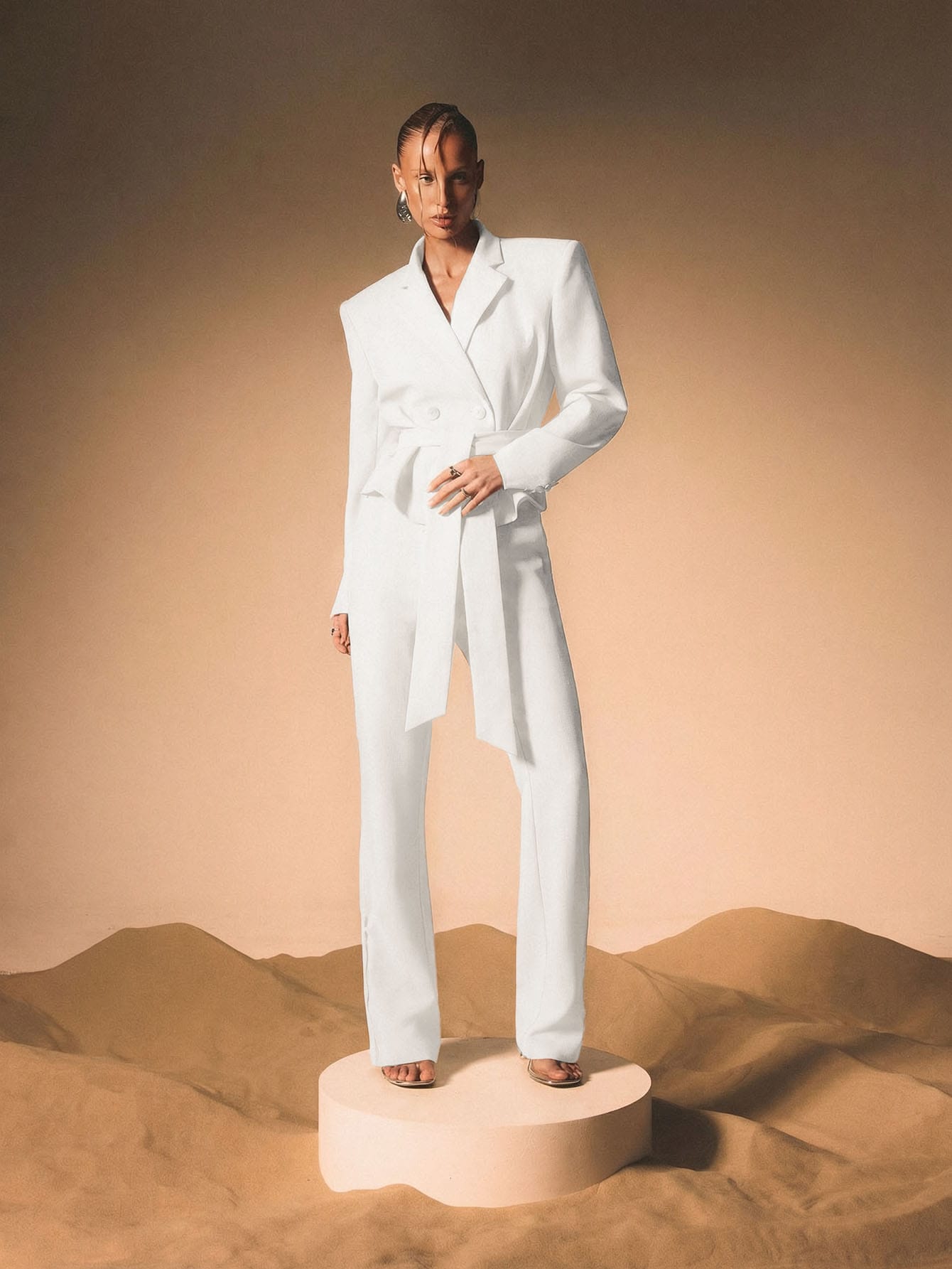 KIZN White Double Breasted Belted Blazer