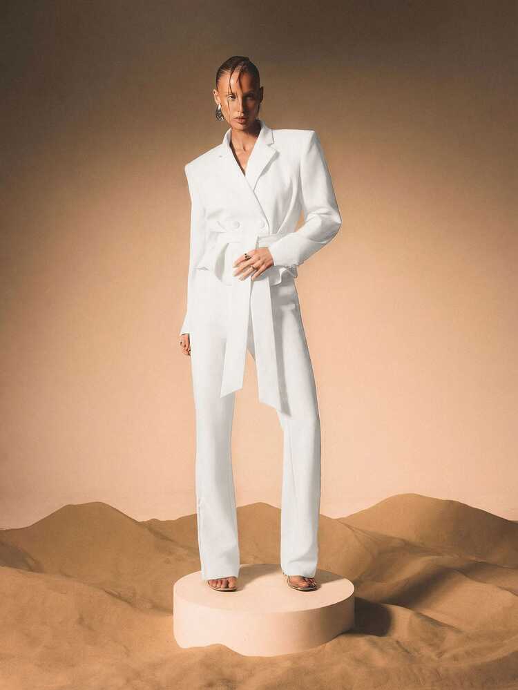 KIZN White Double Breasted Belted Blazer