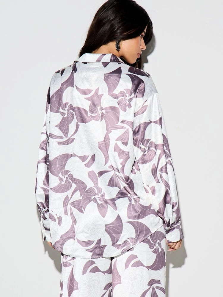 KIZN Women's Oversized Shell Print Button Down Shirt Tropical Floral Pattern Long Sleeve Collared Blouse Spring Summer Casual Top