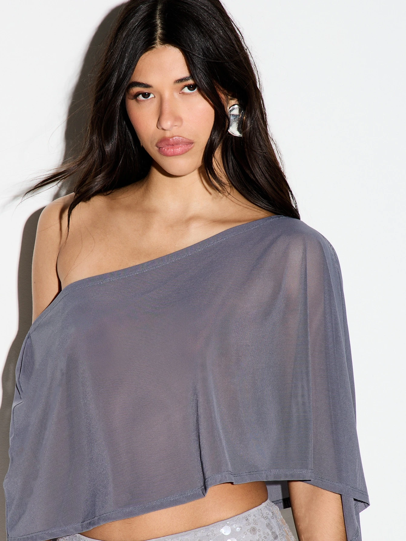 KIZN One Shoulder Mesh Cape Top With Draped Overlay