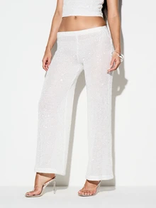 KIZN Women's High Rise Wide Leg Sequin Knit Pull On Pants Elastic Waist Dressy Evening Palazzo Trousers Club Party Wear - White - View 1