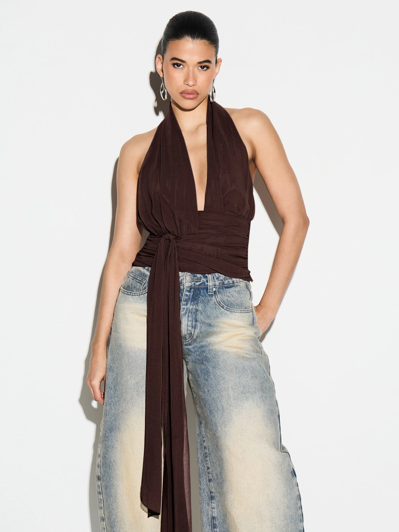 KIZN Halter Wrap Top With Tie Waist Detail