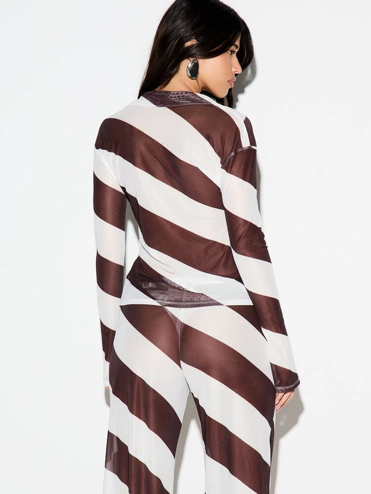 KIZN Women Long Sleeve Diagonal Striped Wrap Front Shirt Deep V Neck Tie Detail Blouse Fall Winter