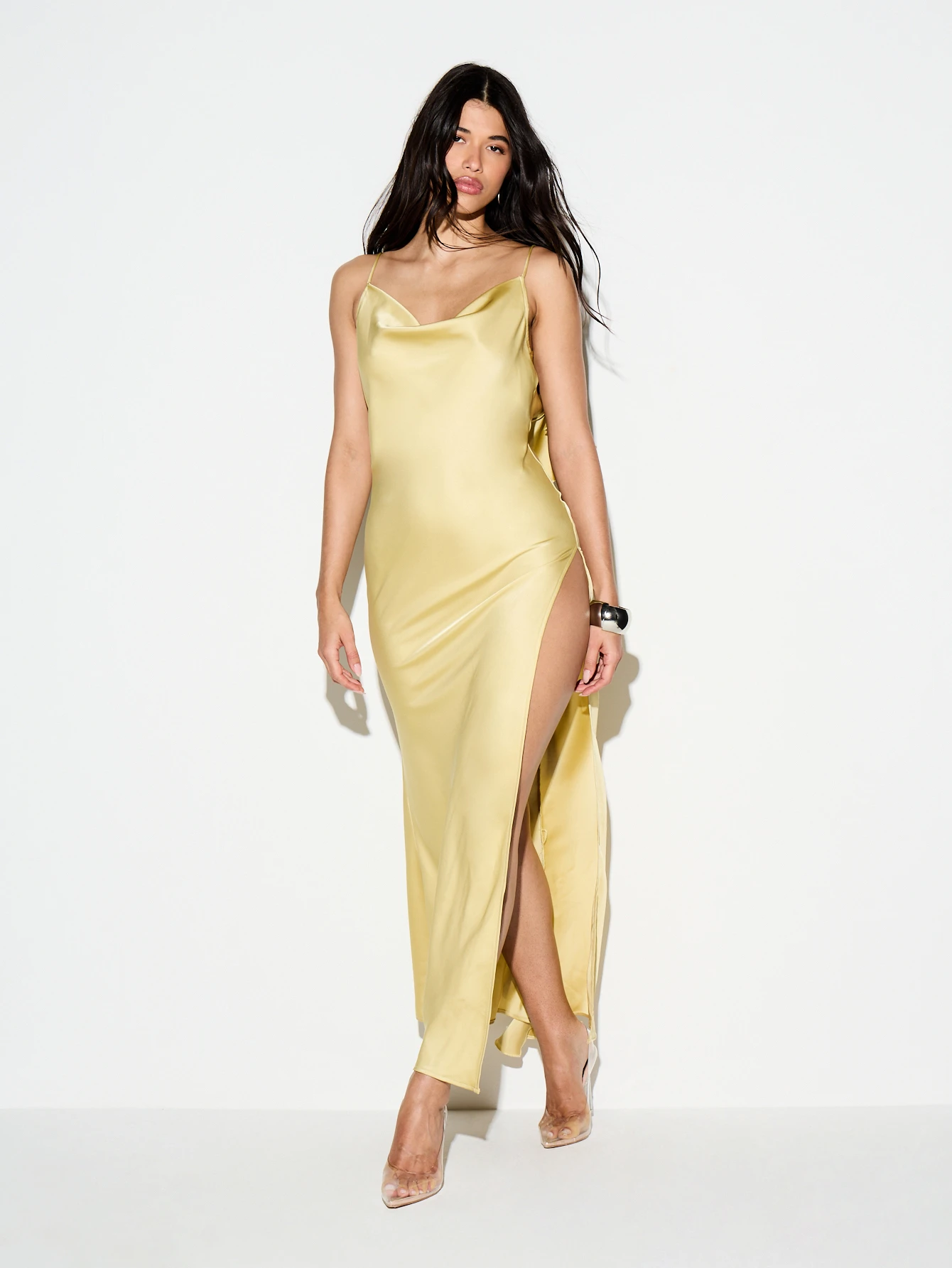 KIZN Satin Cowl Neck Ruffle Back Maxi Dress