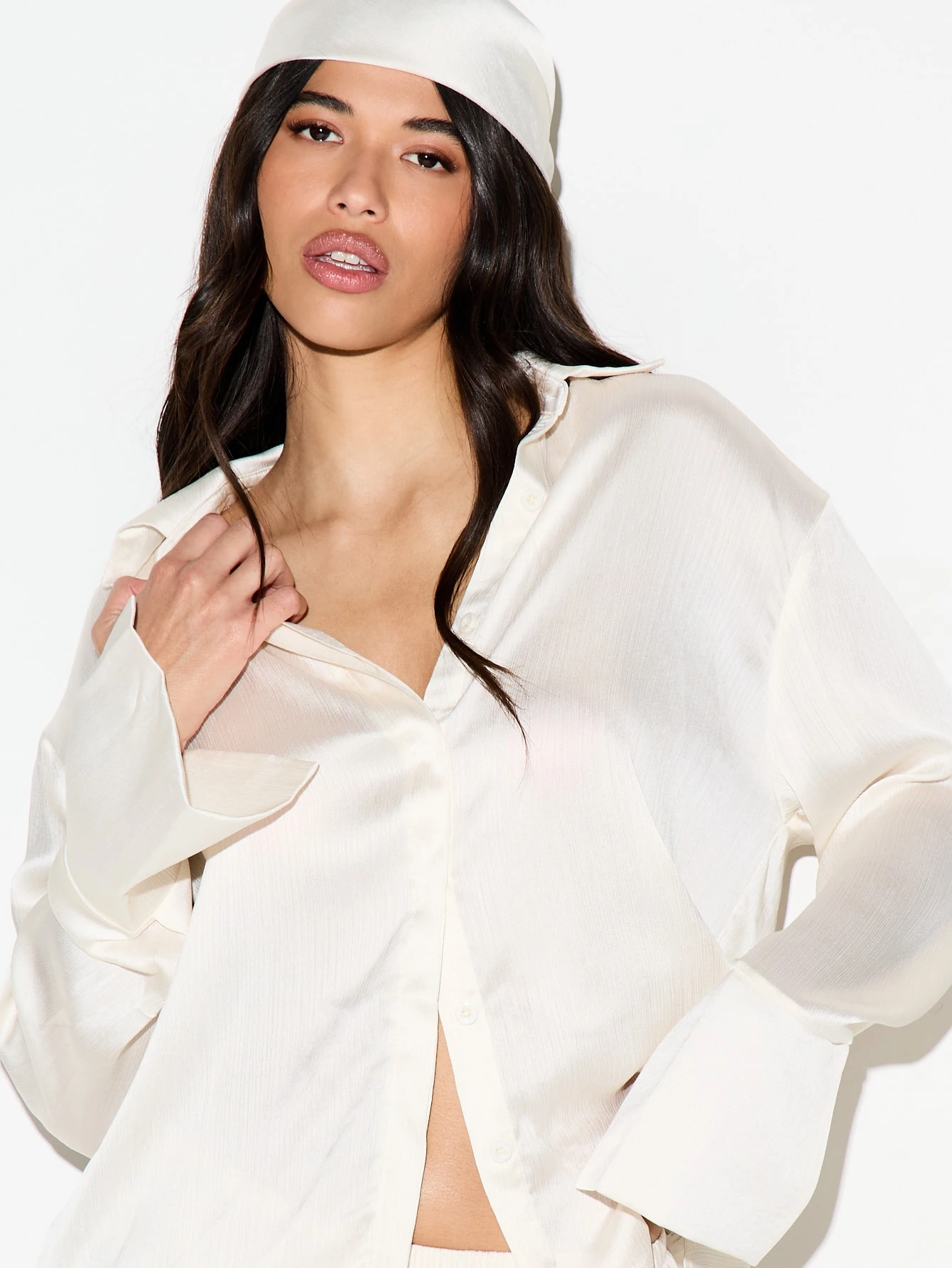 KIZN White Crinkle Satin Oversized Button Shirt