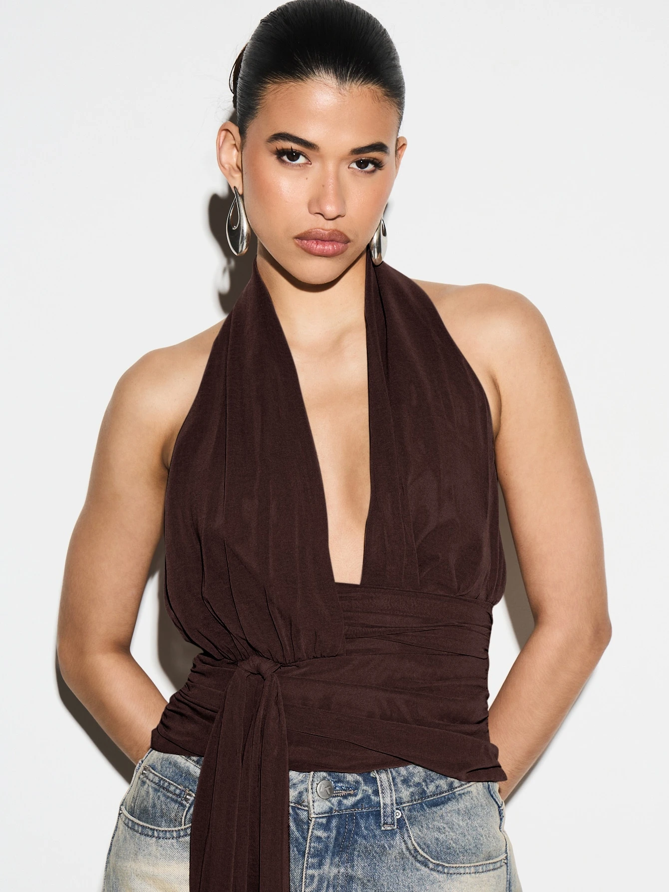 KIZN Halter Wrap Top With Tie Waist Detail