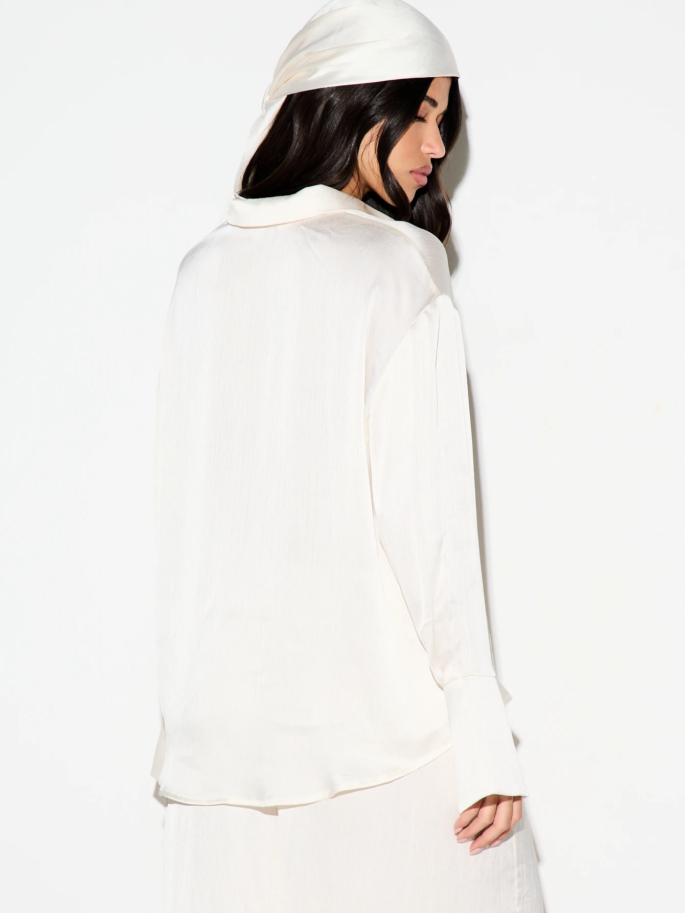 KIZN White Crinkle Satin Oversized Button Shirt
