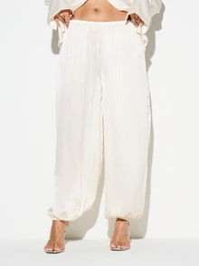 KIZN 女士高腰阔腿褶皱缎面降落伞裤，休闲宽松版型，抽绳腰带，阔腿裤款式，适合春夏穿着 - 白色 - 查看 3