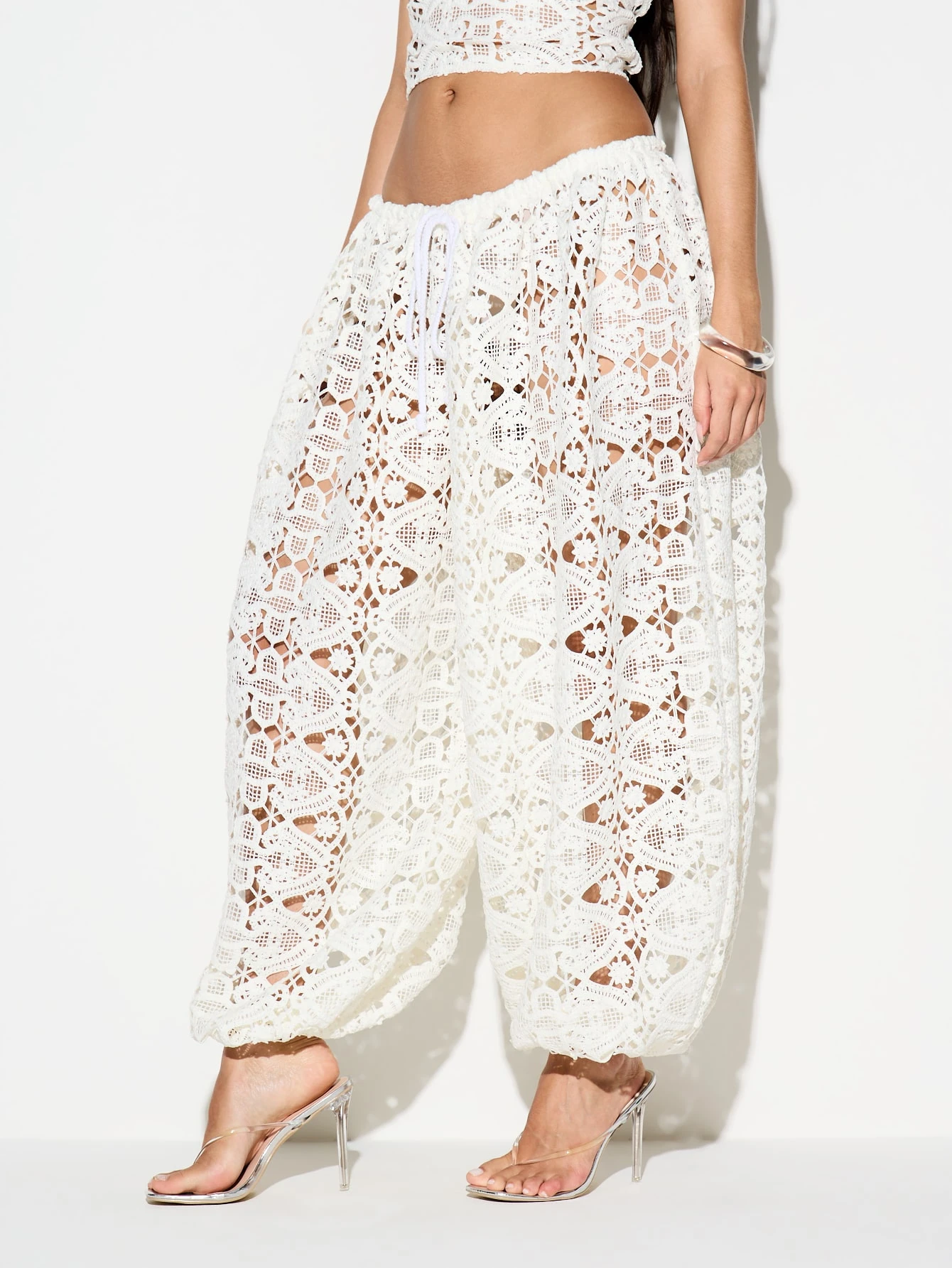 KIZN White Crochet Lace Balloon Pants