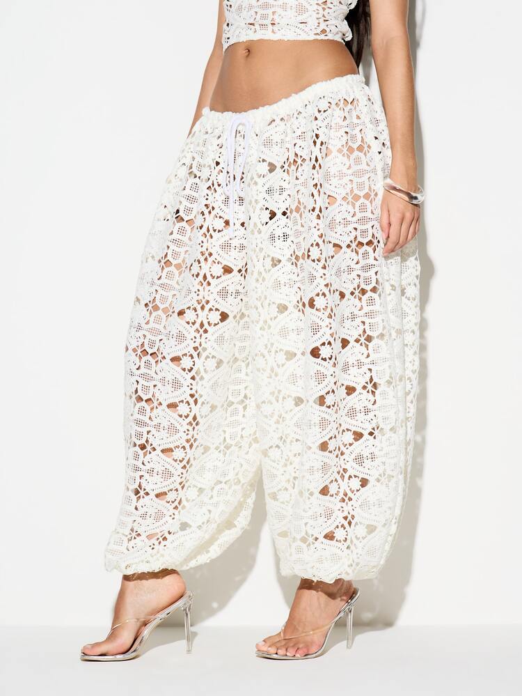 KIZN White Crochet Lace Balloon Pants