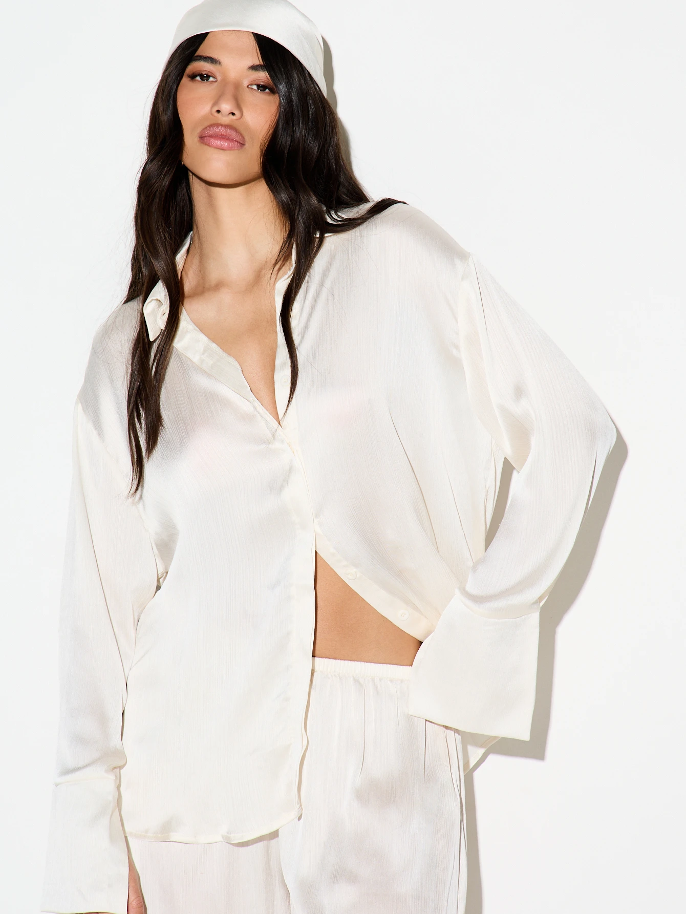 KIZN White Crinkle Satin Oversized Button Shirt
