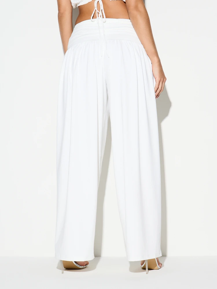 KIZN Women's White High Rise Wide Leg Gathered Waistband Palazzo Trousers Summer Beach Casual Flowing Pants