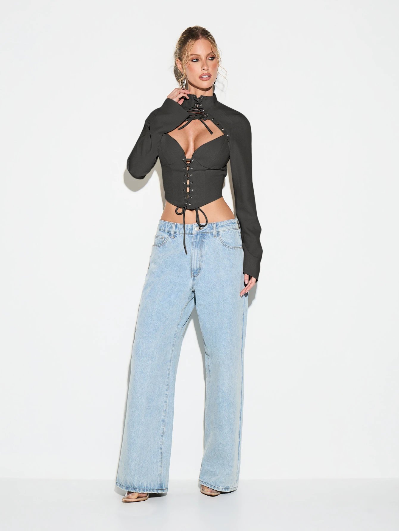 KIZN Lace Up Corset Crop Top With Long Sleeves