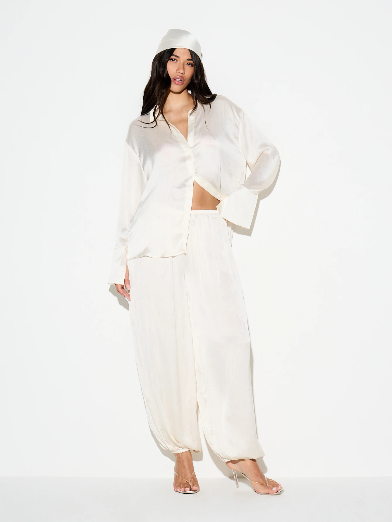 KIZN White Crinkle Satin Oversized Button Shirt