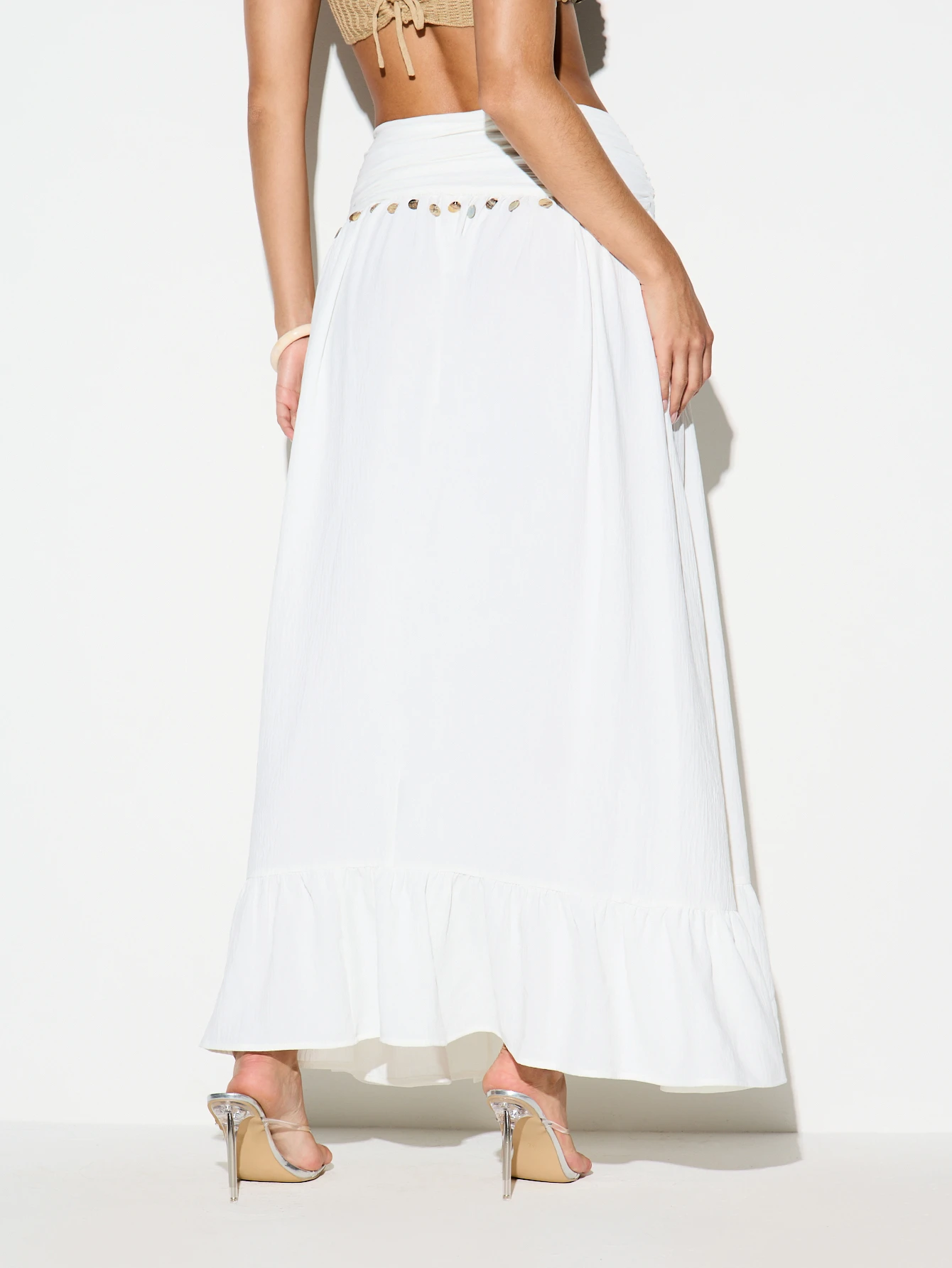 KIZN High Waist Linen Feel Maxi Skirt With Metallic Trim