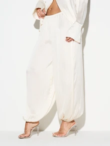 KIZN 女士高腰阔腿褶皱缎面降落伞裤，休闲宽松版型，抽绳腰带，阔腿裤款式，适合春夏穿着 - 白色 - 查看 1