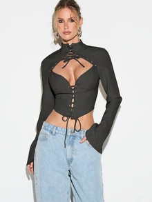 KIZN Crop top lengan panjang bergaya korset dengan detail potongan dada dan tali pengikat yang dapat disesuaikan di bagian depan. - Dark Grey - View 4