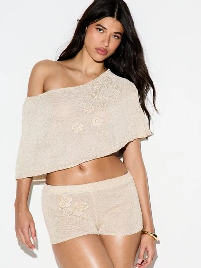 KIZN Women's Off-Shoulder Crochet Floral Embroidered Slouchy Knit Cape Top Bohemian Oversized Sweater Fall Winter Casual