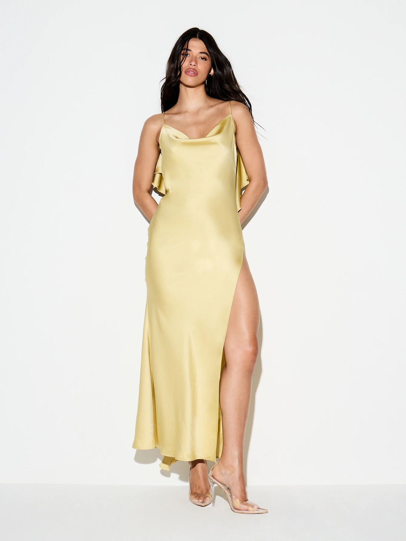 KIZN Satin Cowl Neck Ruffle Back Maxi Dress
