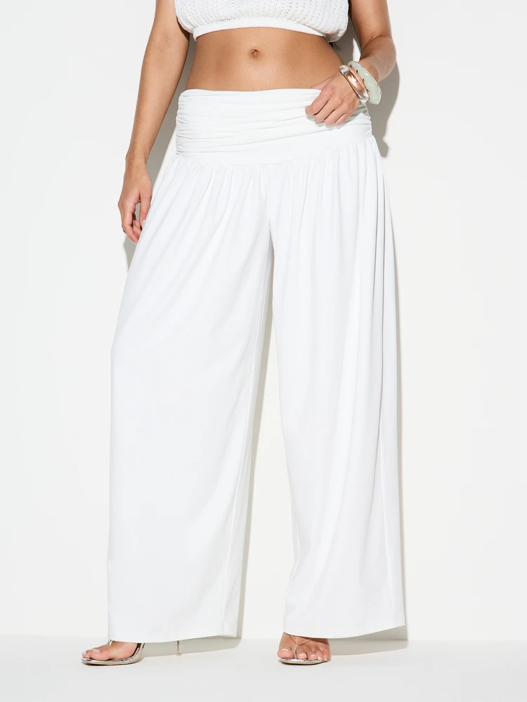 KIZN Women's White High Rise Wide Leg Gathered Waistband Palazzo Trousers Summer Beach Casual Flowing Pants