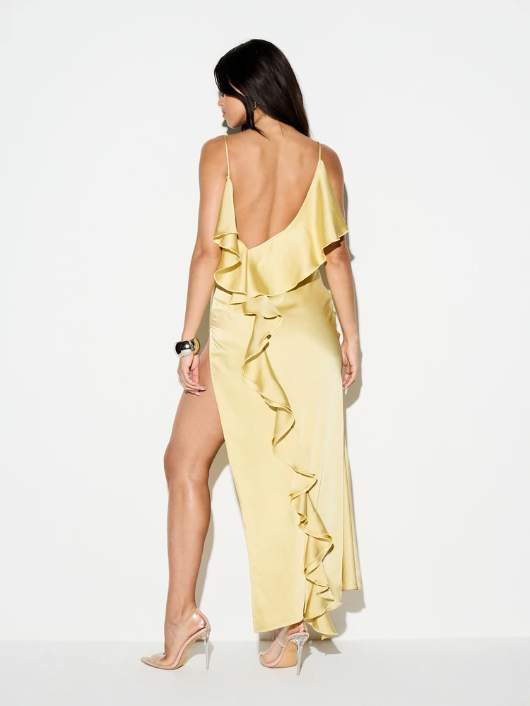 KIZN Satin Cowl Neck Ruffle Back Maxi Dress