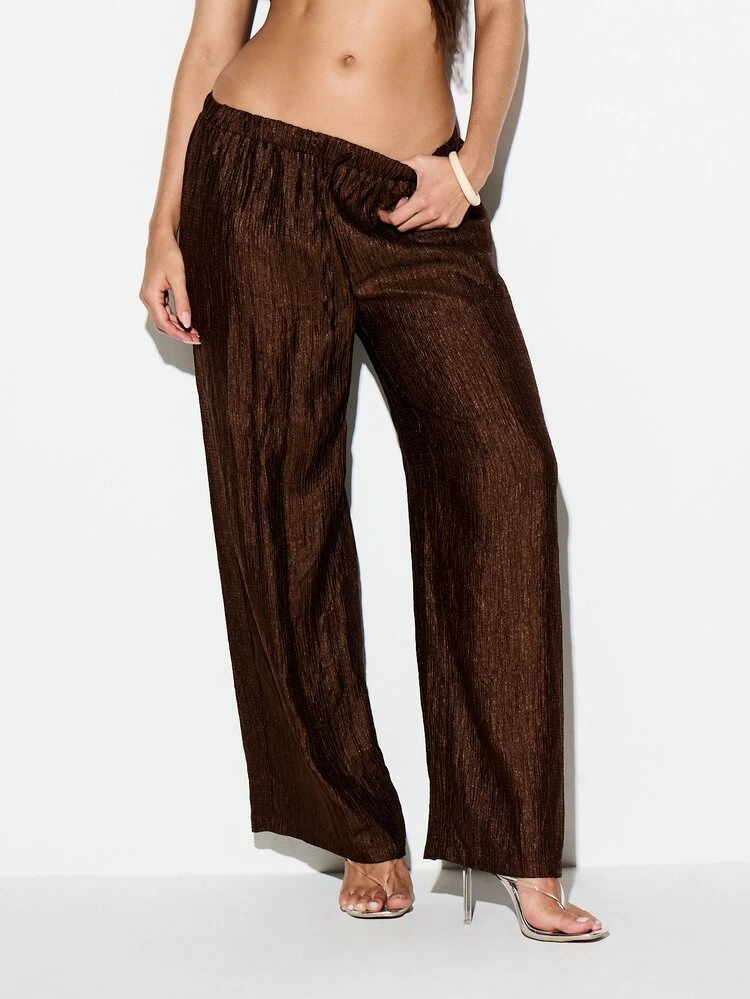 KIZN Women's Textured Satin Wide Leg Palazzo Trousers High Rise Flowy Evening Party Casual Drawstring Waistband Brown Fall Winter