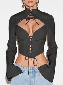 KIZN Crop top lengan panjang bergaya korset dengan detail potongan dada dan tali pengikat yang dapat disesuaikan di bagian depan. - Dark Grey - View 5