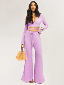 Dancing Leopard Dalmira 淡紫色休闲裹身纹理套装，女士家居服，舒适女装，日常女装，周末女装，舒适女装，睡衣，休闲女装 - 淡紫色 - 查看 5