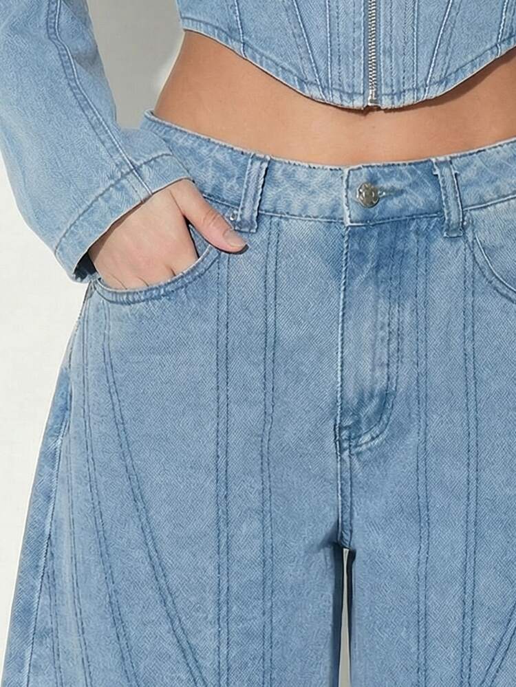 KIZN Wide Leg Denim Jeans With Topstitch Detail