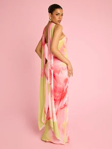 FASHION SZN 女士花卉网纱抹胸长裙，配同款围巾，优雅性感度假装，夏季连衣裙，派对生日场合，假日装，无袖性感时尚，亮丽连衣裙，沙滩晚宴修身款，春夏紧身款 - 綠色 - 查看 2