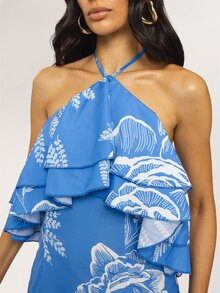 Dancing Leopard Canira Blue Halterneck Ruffle Printed Midi Dress Wedding Guest Garden Party - Blue - View 5