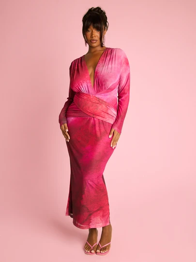 FASHION SZN 大码修身深V领长袖网纱连衣裙，优雅性感度假装，大码节日服装，长裙，大码婚礼宾客装，适合夏季假日、生日、晚宴等场合，抽象印花修身款