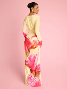 FASHION SZN Women's Long Sleeve Floral Ruched Mesh Bodycon Long Maxi Dress, Summer Holiday Outfit, Dress For Vacation, Wedding Guest Dress, Bright Floral Dress, Elegant Sexy Chic, Occasion Dress, Yellow Summer Dresses For Women - Yellow - View 2
