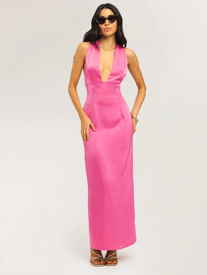  Dancing Leopard Citrina Hot Pink Plunge Open Back Maxi Dress