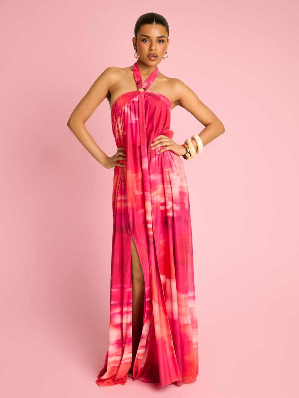 Womens Halterneck Loose Fitting Mesh Maxi Dress, Sexy Tropical Elegant Statement Vacation Summer Holiday Outfit For Wedding Guest Sun Long Sleeveless