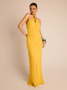 FASHION SZN Đầm maxi không tay cổ yếm, viền ren, khoét lỗ dành cho nữ, thích hợp cho kỳ nghỉ, du lịch, tiệc tối, thanh lịch, gợi cảm, mùa hè, đám cưới, dự tiệc. - Màu vàng - Xem 3