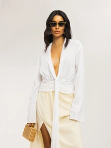 Dancing Leopard Áo Arcella bằng vải lanh trắng, cổ chữ V xẻ sâu, thích hợp cho mùa hè, đi nghỉ mát, đi chơi tối, hẹn hò, du lịch, dự tiệc, áo dự lễ hội, áo bằng vải lanh cho nữ. - trắng - Xem 1