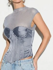 KIZN Débardeur corset en maille avec design de bustier à armature, détail de laçage au dos, top style body sans manches - Bleu ciel - Voir 4
